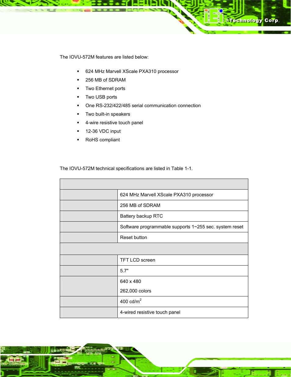 3 features, 4 technical specifications, Eatures | Echnical, Pecifications | IEI Integration IOVU-572M User Manual | Page 10 / 53