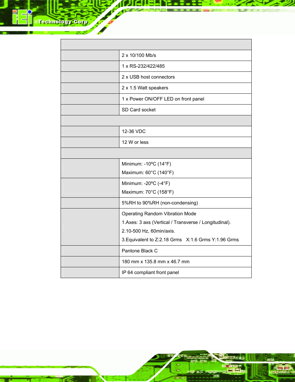 Table 1-1: technical specifications | IEI Integration IOVU-572M User Manual | Page 11 / 53