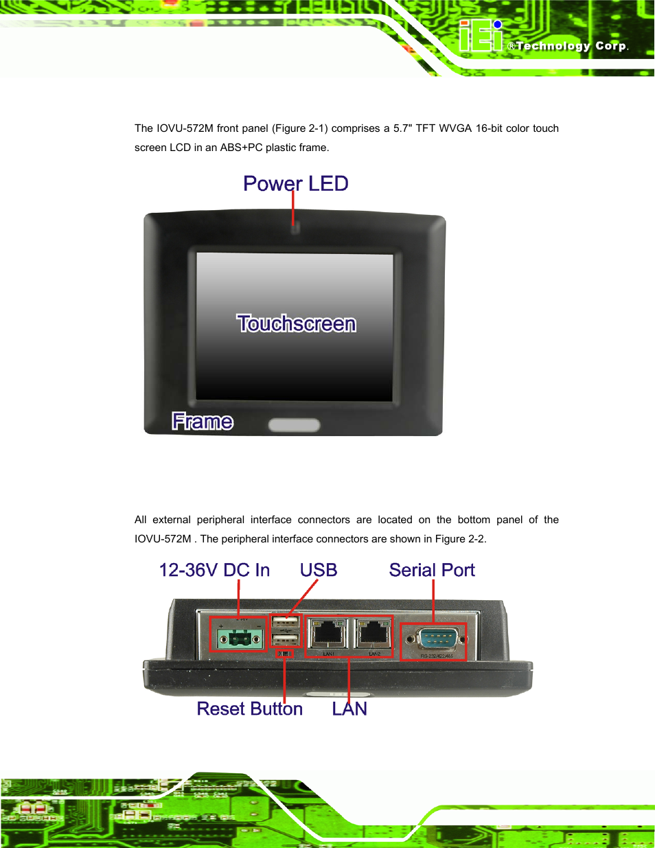 1 front panel, 2 connector panel, Ront | Anel, Onnector, Figure 2-1: front panel, Figure 2-2: iovu-572m peripheral connectors | IEI Integration IOVU-572M User Manual | Page 14 / 53