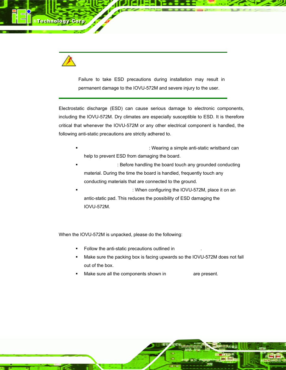 1 anti-static precautions, 2 unpacking precautions, Static | Recautions, Npacking | IEI Integration IOVU-572M User Manual | Page 19 / 53