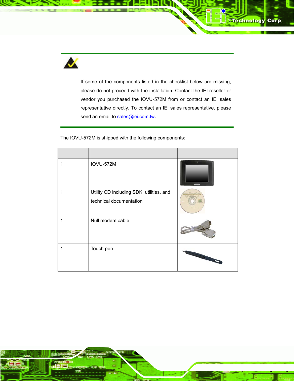 3 unpacking checklist, Npacking, Hecklist | Table 3-1: package list contents | IEI Integration IOVU-572M User Manual | Page 20 / 53