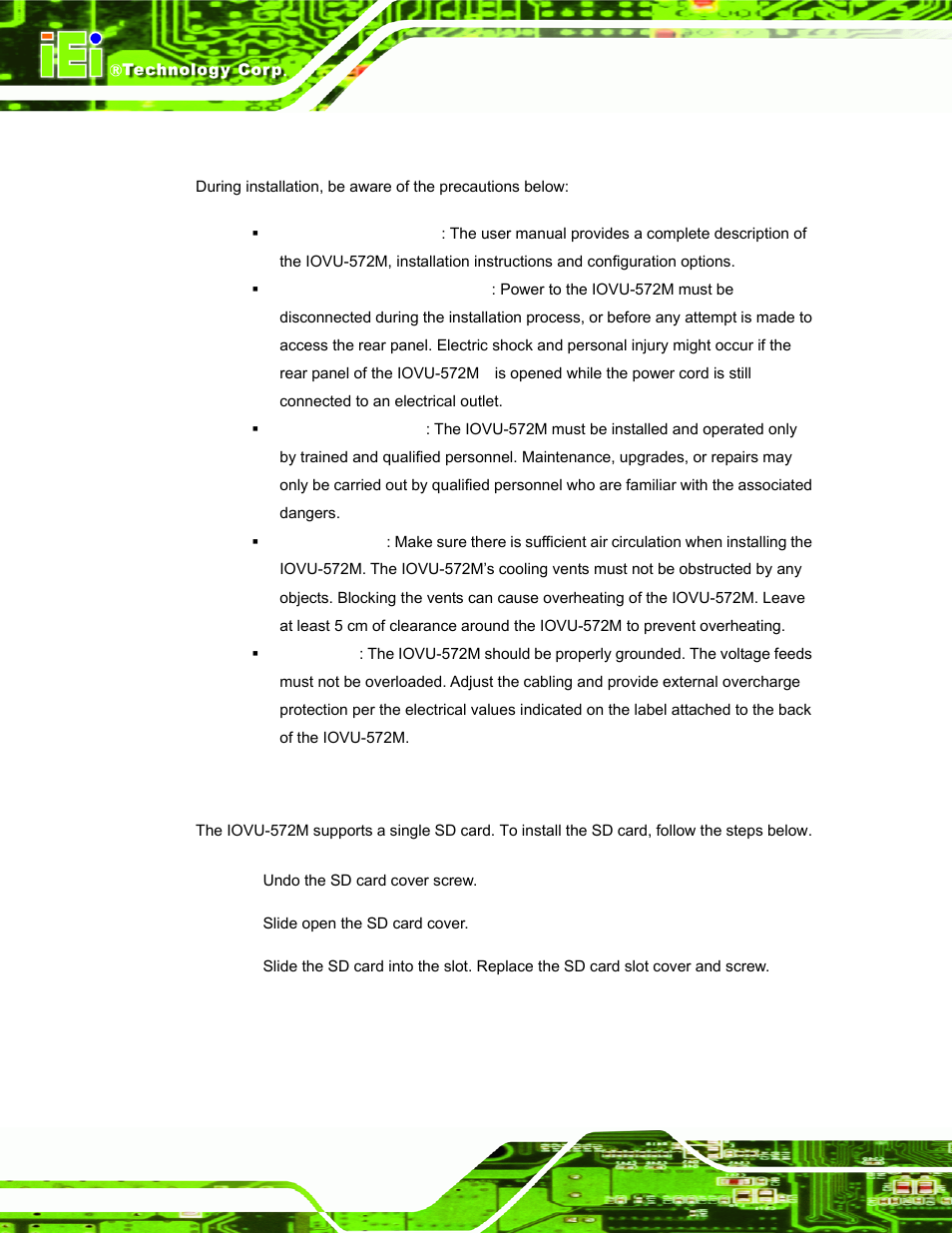 1 installation precautions, 2 sd card installation, Nstallation | Recautions | IEI Integration IOVU-572M User Manual | Page 23 / 53