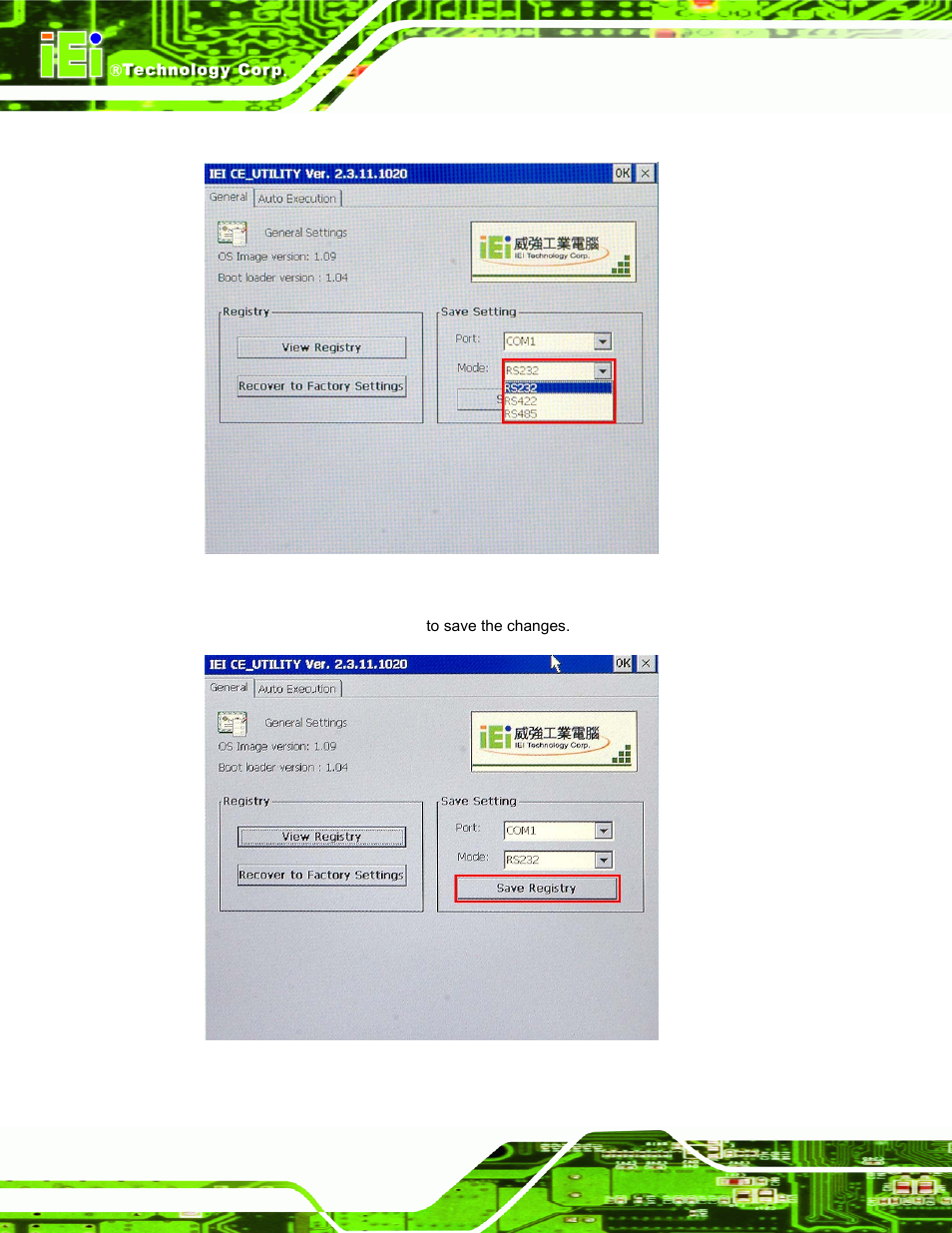 Figure 4-5: serial port mode setting, Figure4-6: confirm serial port mode setting | IEI Integration IOVU-572M User Manual | Page 27 / 53