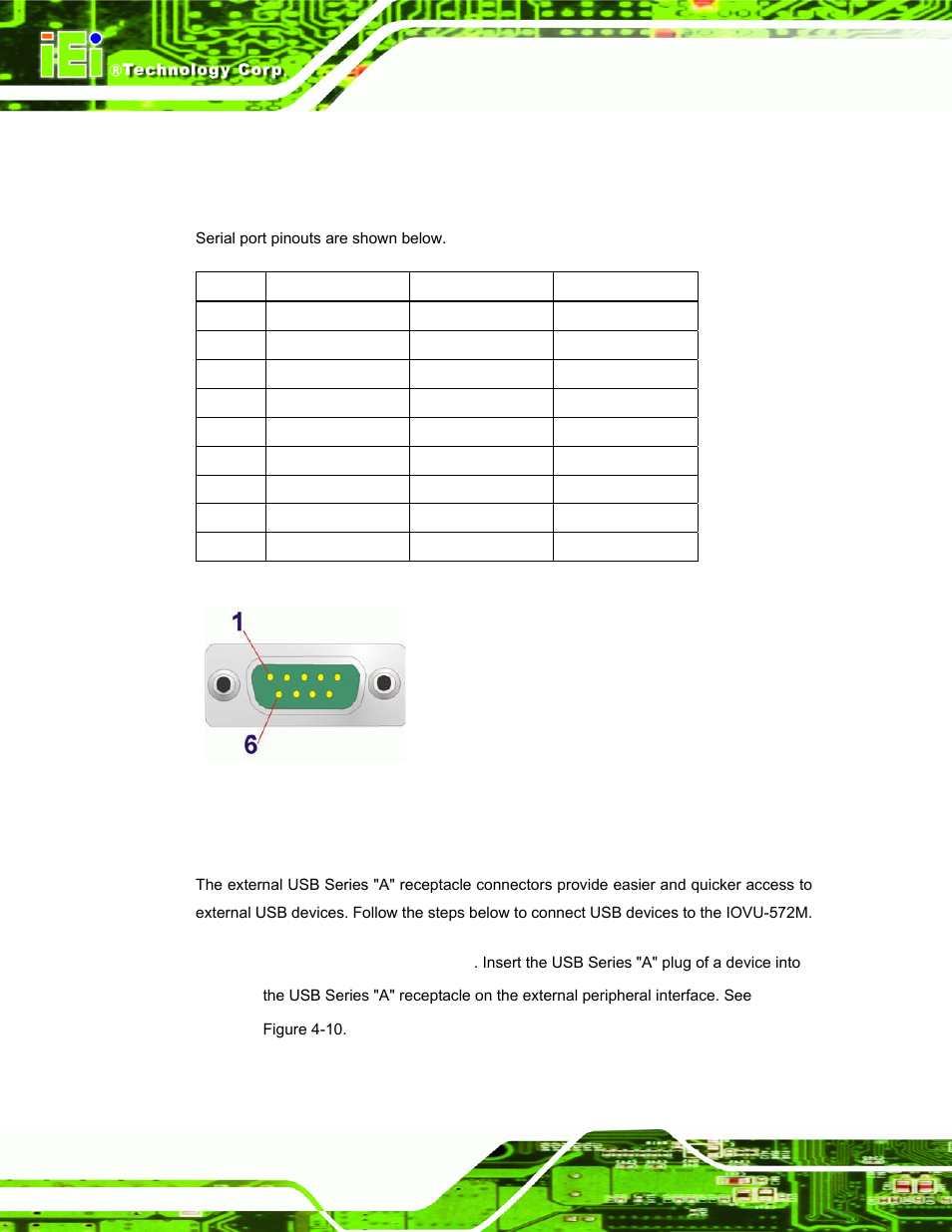 3 pinouts, 3 usb connectors, Figure 4–9: serial port pinouts | Table 4-3: serial port pinouts | IEI Integration IOVU-572M User Manual | Page 29 / 53