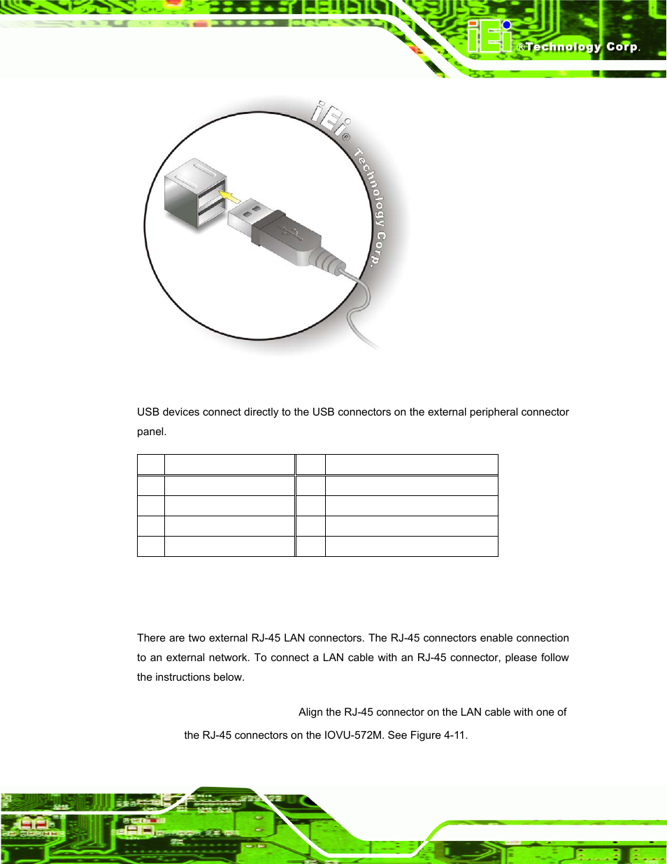 4 ethernet connector, Figure 4-10: usb connector, Table 4-4: usb connector pinouts | IEI Integration IOVU-572M User Manual | Page 30 / 53