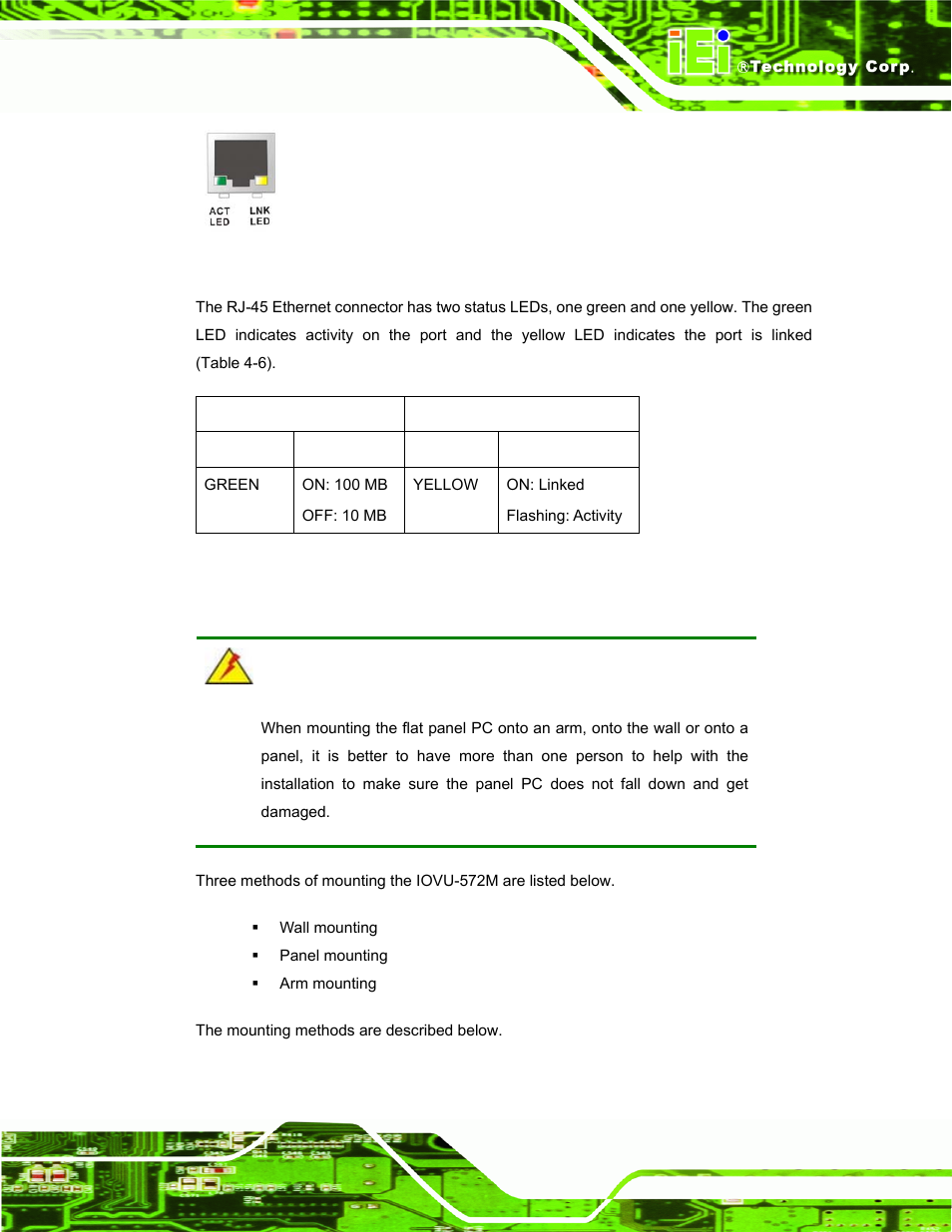 4 mounting the system, Ounting the, Ystem | Figure 4-12: ethernet connector, Table 4-6: ethernet connector leds | IEI Integration IOVU-572M User Manual | Page 32 / 53