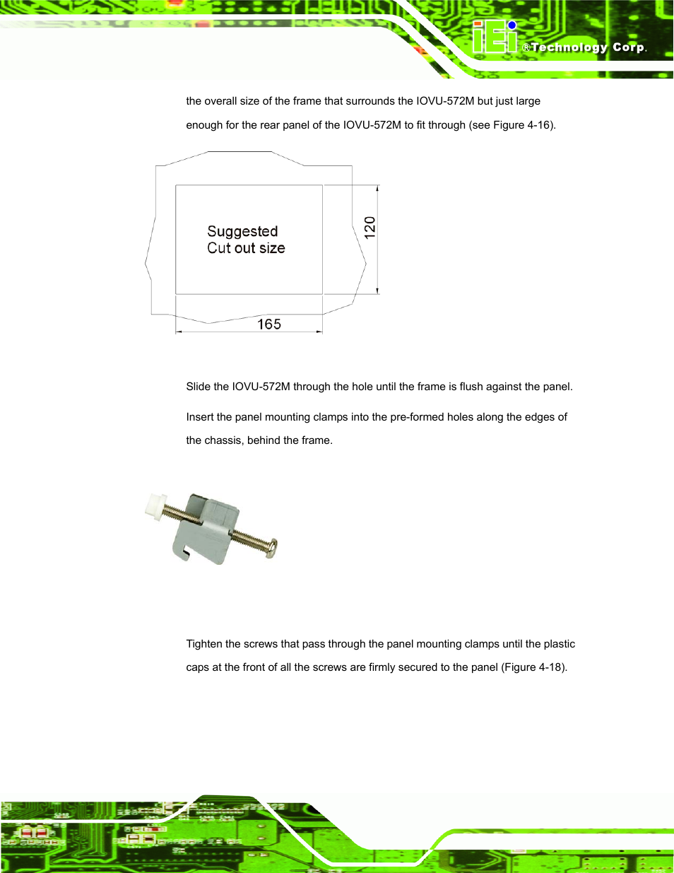 Figure 4-16: iovu-572m panel opening (mm), Figure 4-17: panel mounting clamp | IEI Integration IOVU-572M User Manual | Page 36 / 53