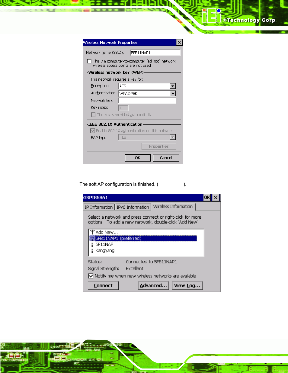 Figure 4-21: wireless network properties, Figure 4-22: wireless ap connected | IEI Integration IOVU-572M User Manual | Page 40 / 53