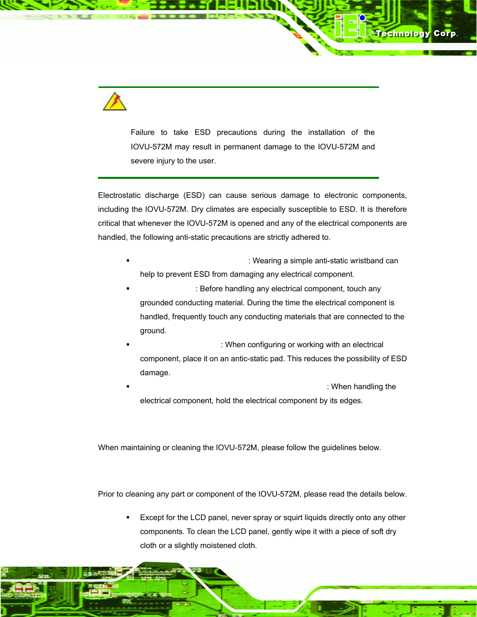 B.1.2 anti-static precautions, B.2 maintenance and cleaning precautions, B.2.1 maintenance and cleaning | Aintenance and, Leaning, Recautions | IEI Integration IOVU-572M User Manual | Page 46 / 53