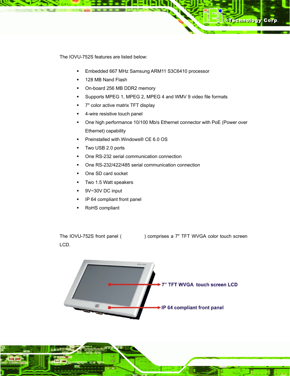 3 features, 4 front panel, Eatures | Ront, Anel, Figure 1-2: iovu-752s front panel | IEI Integration IOVU-752S User Manual | Page 10 / 48