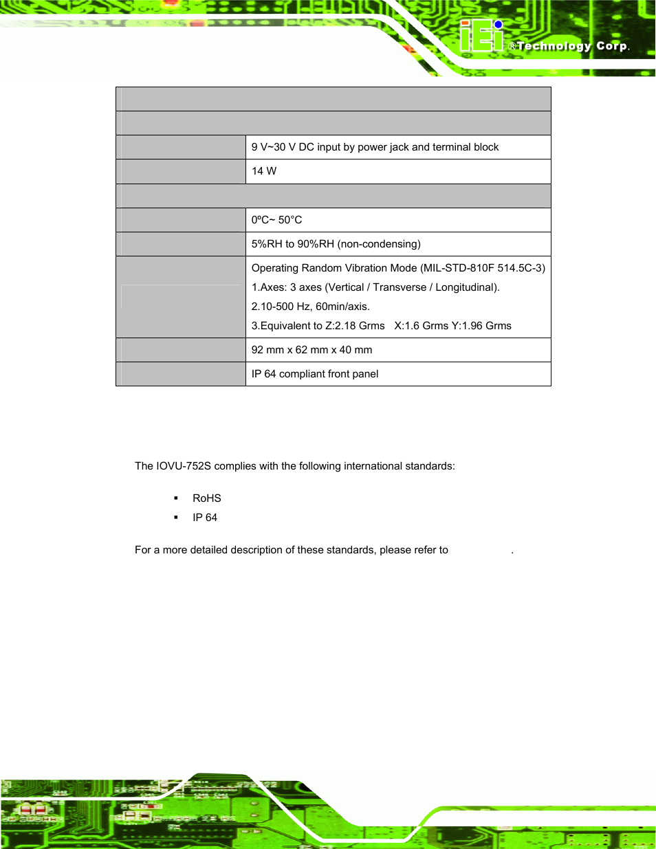 9 certifications, Ertifications, Table 1-1: technical specifications | IEI Integration IOVU-752S User Manual | Page 14 / 48