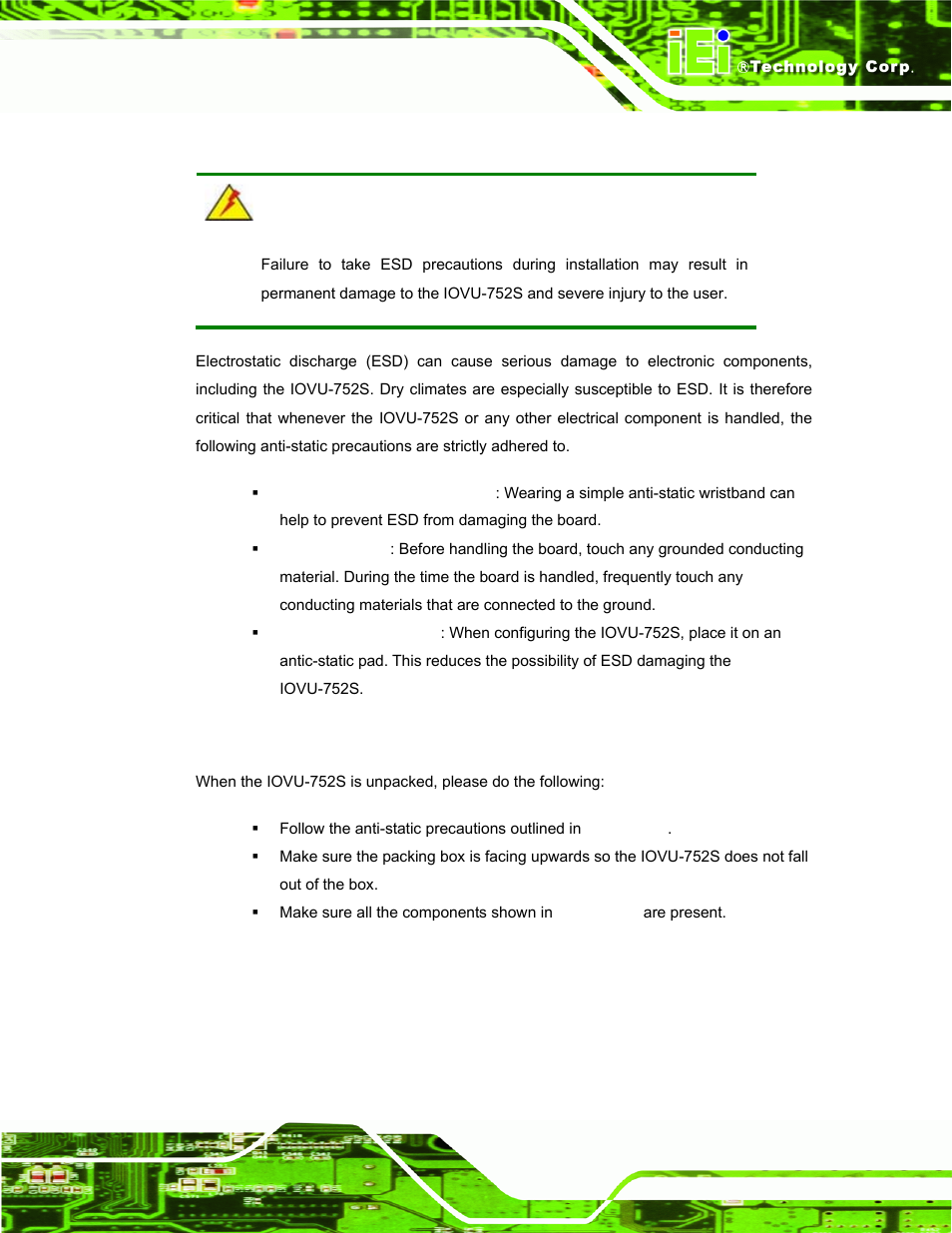 1 anti-static precautions, 2 unpacking precautions, Static | Recautions, Npacking | IEI Integration IOVU-752S User Manual | Page 16 / 48