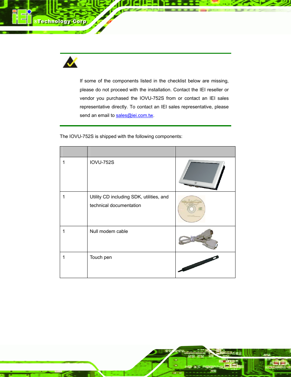3 unpacking checklist, Npacking, Hecklist | Table 2-1: package list contents | IEI Integration IOVU-752S User Manual | Page 17 / 48
