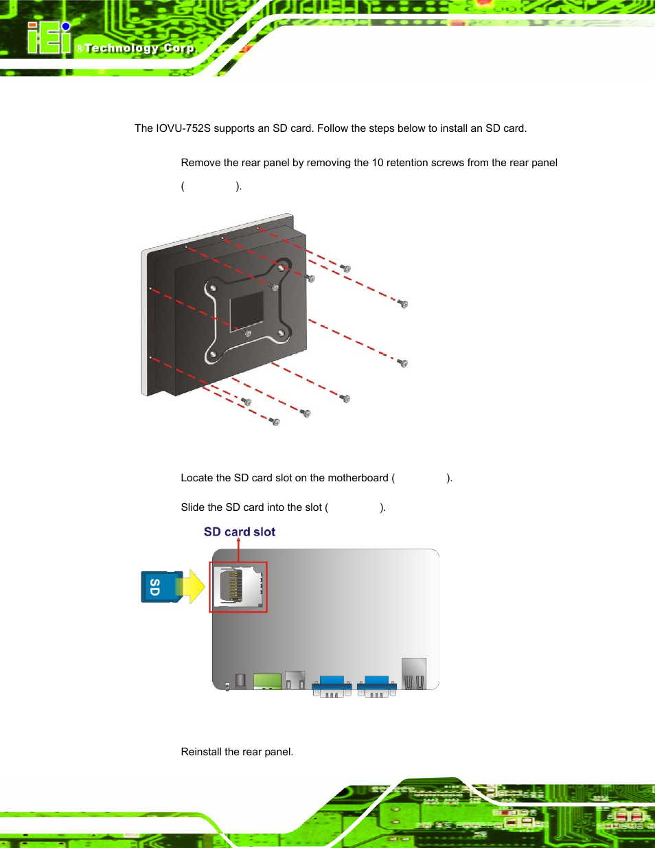 2 sd card installation, Nstallation, Figure 3-1: rear panel retention screws | Figure 3-2: sd card installation | IEI Integration IOVU-752S User Manual | Page 21 / 48