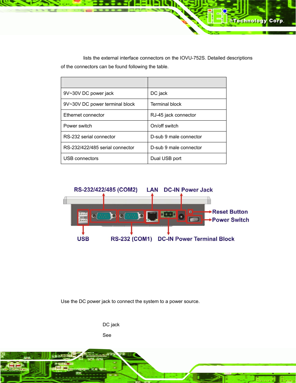 3 external peripheral interface connectors, 1 dc power interfaces, 1 9 v~30 v dc power jack | Xternal, Eripheral, Nterface, Onnectors, Figure 3-3: iovu-752s peripheral connectors, Table 3-1: external interface connectors | IEI Integration IOVU-752S User Manual | Page 22 / 48