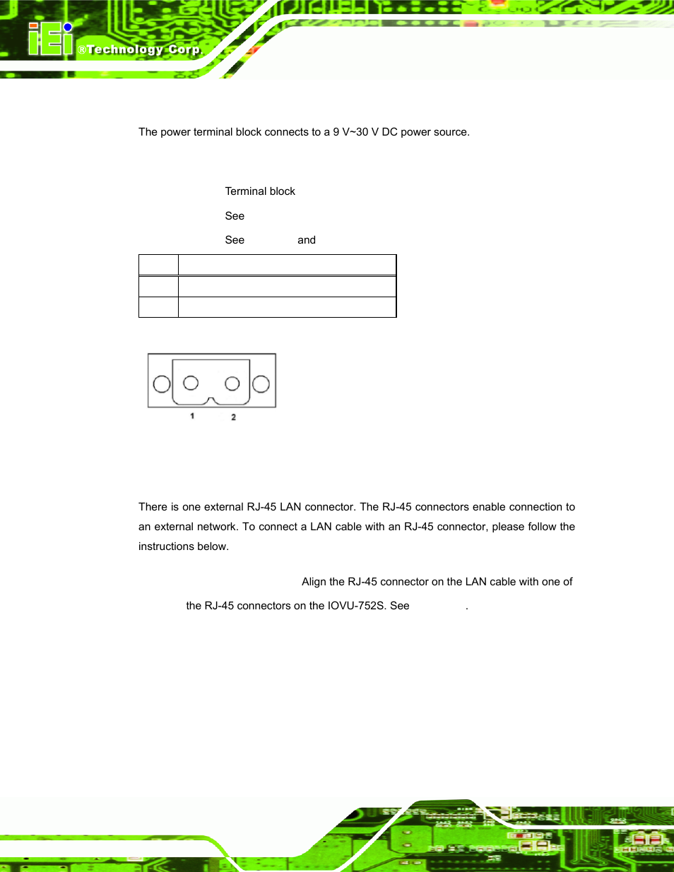 2 9 v~30 v dc terminal block, 2 ethernet connector, Figure 3-4: power terminal block | Table 3-2: 9 v~30 v power connector pinouts | IEI Integration IOVU-752S User Manual | Page 23 / 48
