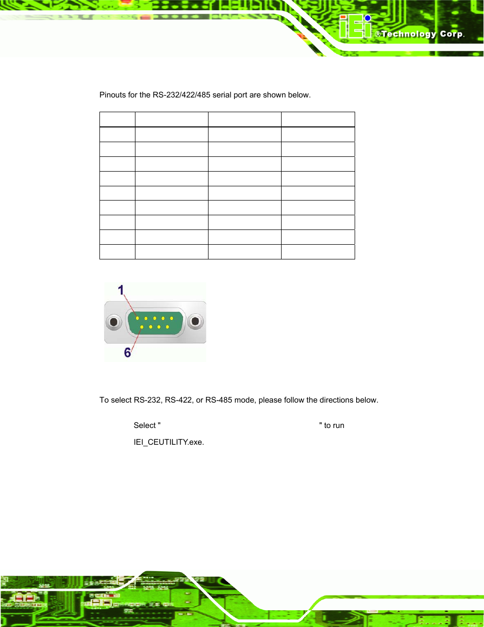 2 rs-232/422/485 serial interface pinouts, Figure 3–7: serial port pinouts, Table 3-6: serial port pinouts | IEI Integration IOVU-752S User Manual | Page 26 / 48