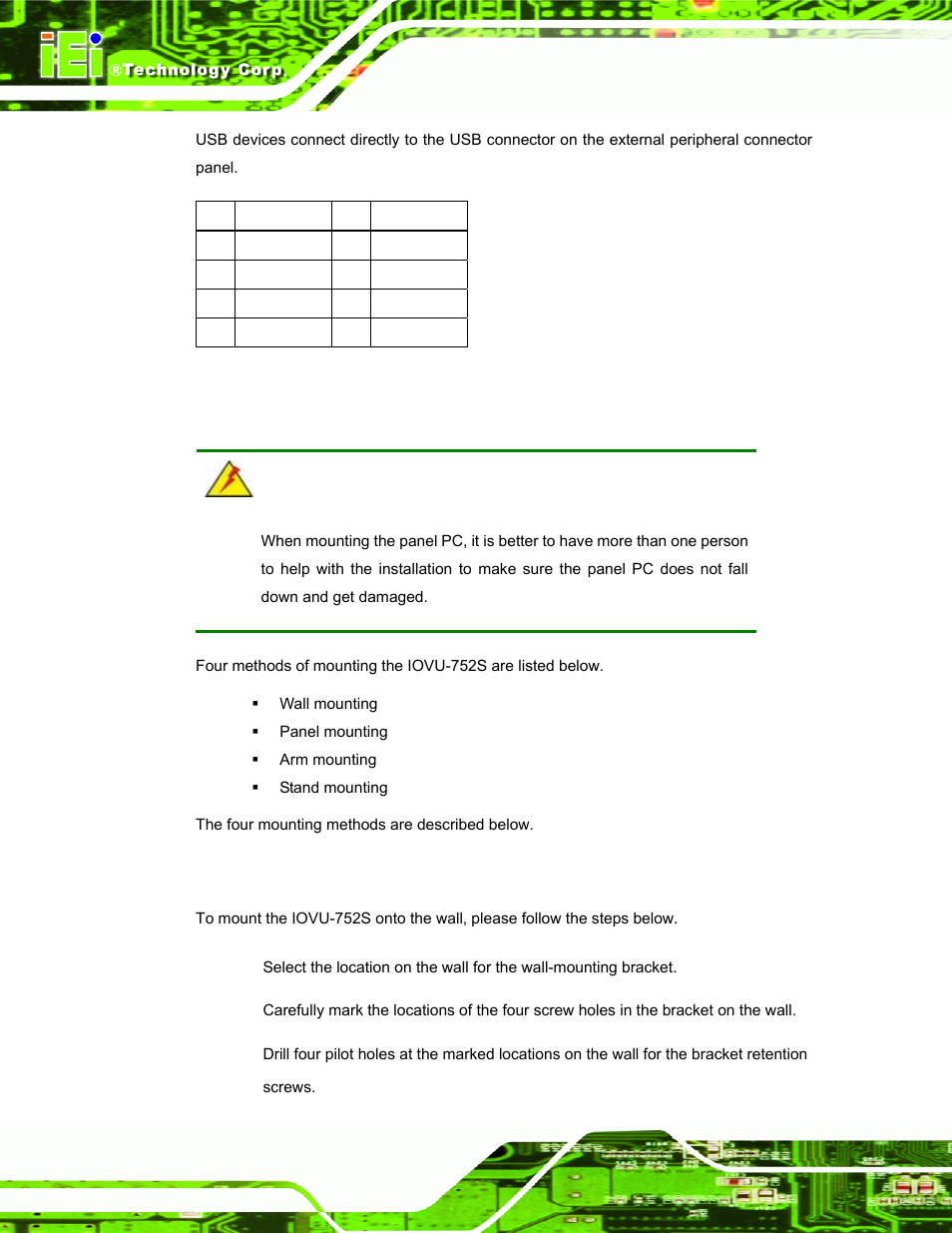 4 mounting the system, 1 wall mounting, Ounting the | Ystem, Table 3-7: usb connector pinouts, Warning | IEI Integration IOVU-752S User Manual | Page 29 / 48