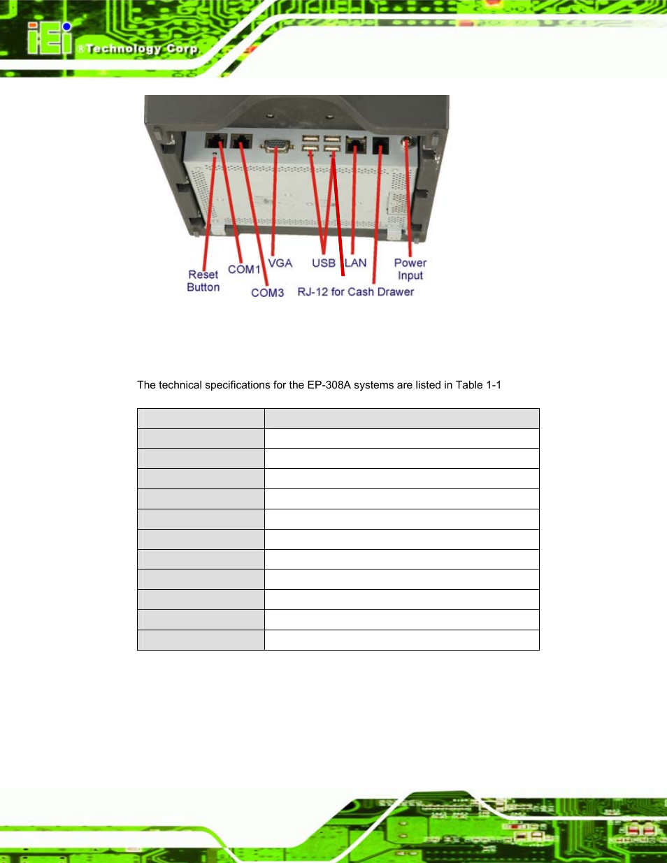 5 technical specifications, Echnical, Pecifications | Figure 1-3: connectors, Ep-308a pos page 4 | IEI Integration EP-308A v1.11 User Manual | Page 14 / 102