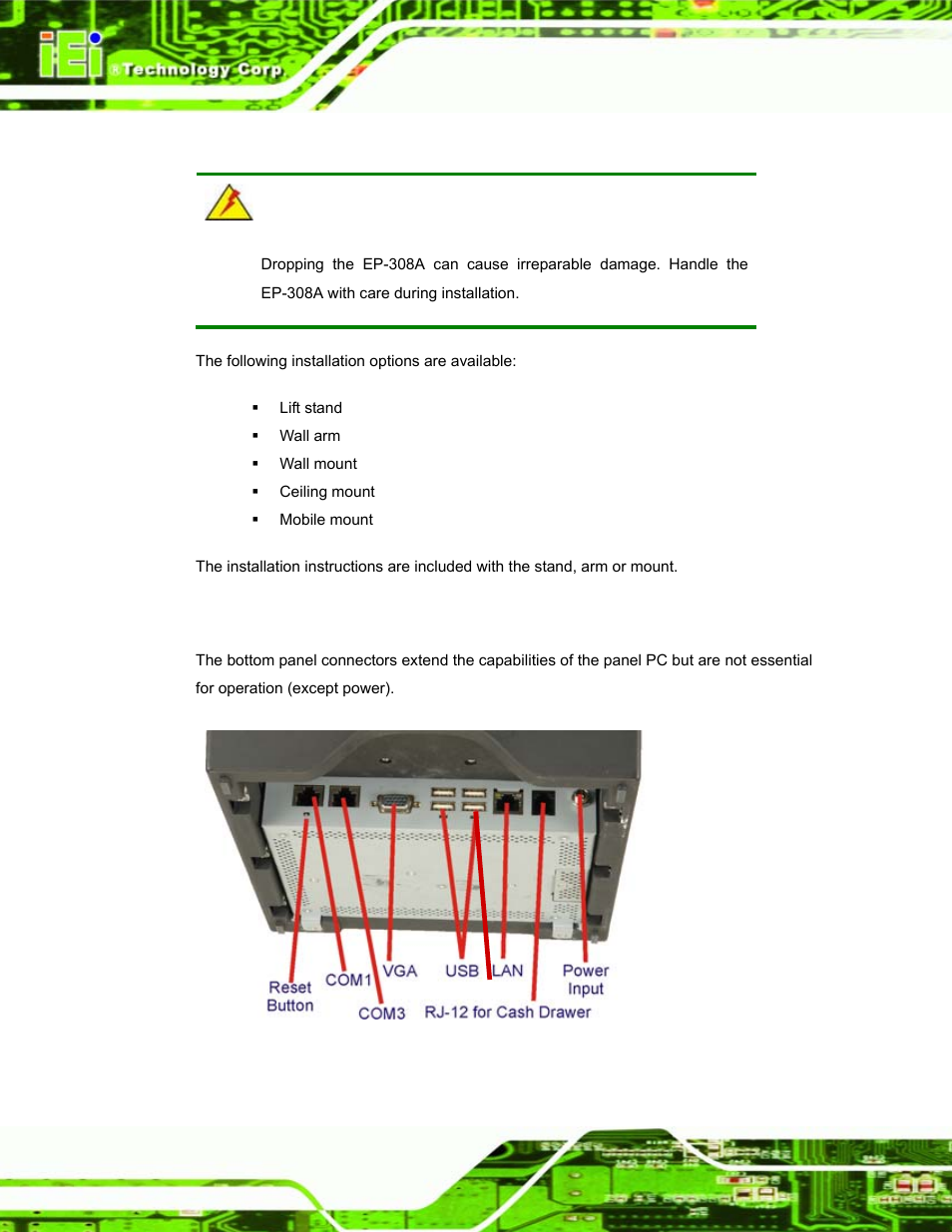 4 mounting the system, 5 bottom panel connectors, Ounting the | Ystem, Ottom, Anel, Onnectors, Figure 2-4: connectors | IEI Integration EP-308A v1.11 User Manual | Page 22 / 102