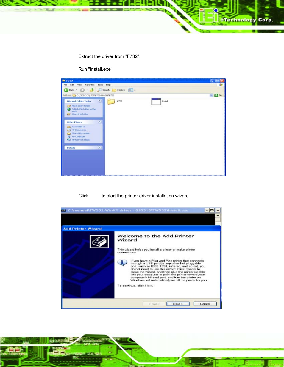 3 install the printer driver, Figure 2-15: printer installation file, Figure 2-16: printer driver installation wizard | IEI Integration EP-308A v1.11 User Manual | Page 31 / 102