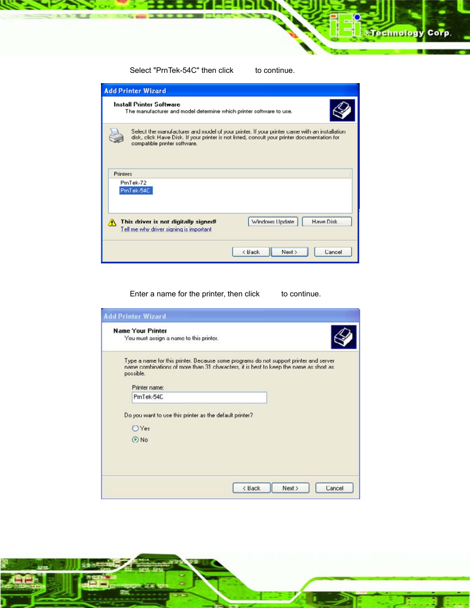 Figure 2-19: install printer software, Figure 2-20: choose printer name | IEI Integration EP-308A v1.11 User Manual | Page 33 / 102