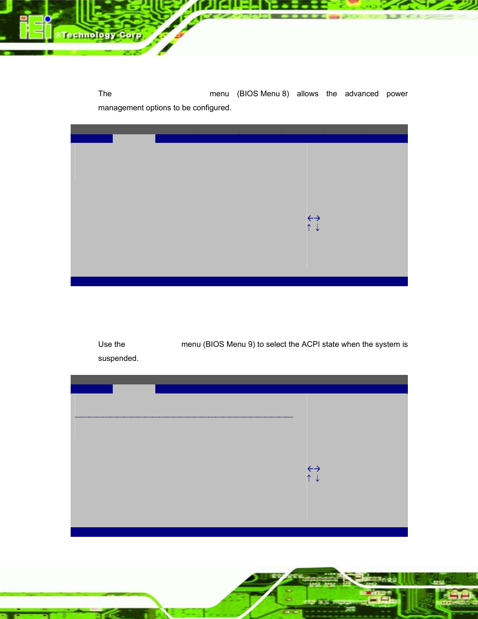 5 power configuration, 1 acpi settings, Bios menu 8: apm configuration | Bios menu 9: acpi settings | IEI Integration EP-308A v1.11 User Manual | Page 54 / 102