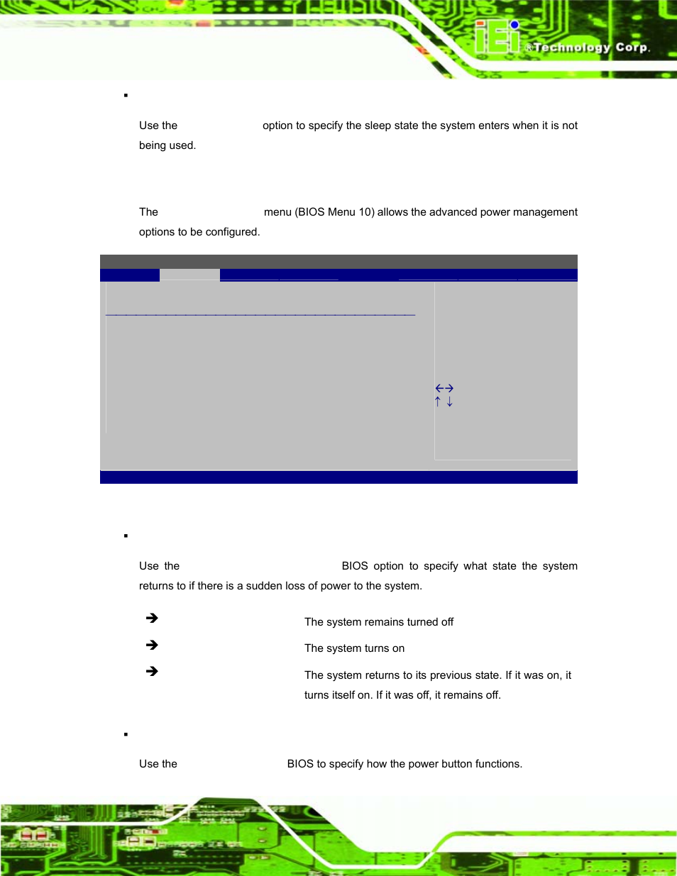 2 apm configuration, Bios menu 10: apm configuration | IEI Integration EP-308A v1.11 User Manual | Page 55 / 102