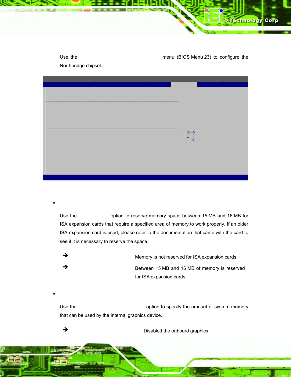1 northbridge configuration, Bios menu 23: northbridge chipset configuration | IEI Integration EP-308A v1.11 User Manual | Page 75 / 102
