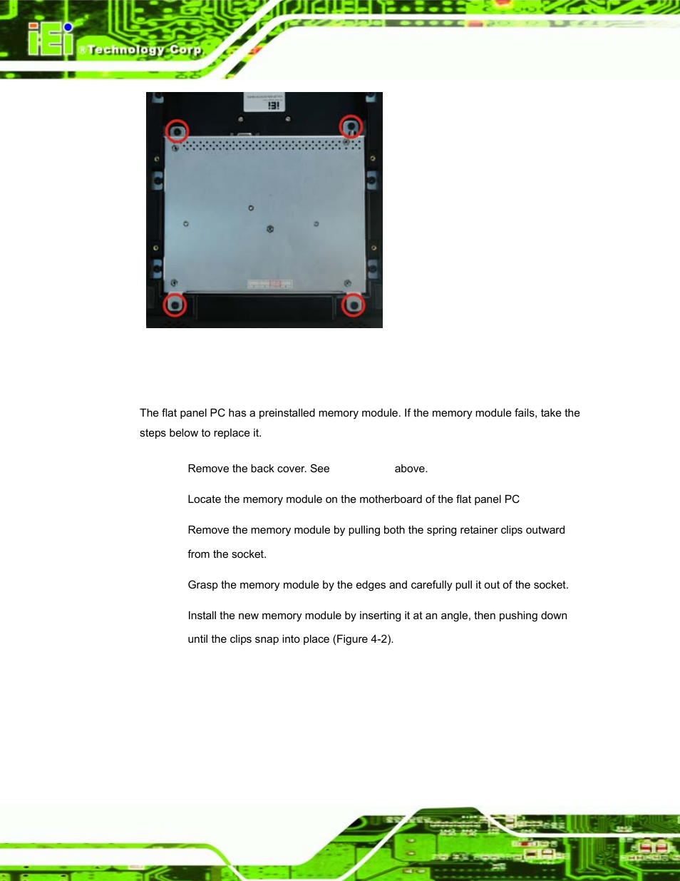 4 memory module replacement, Emory, Odule | Eplacement, Figure 4-1: bottom cover retention screws | IEI Integration EP-308A v1.11 User Manual | Page 82 / 102