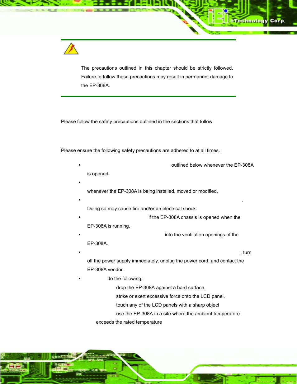 A.1 safety precautions, A.1.1 general safety precautions, Afety | Recautions | IEI Integration EP-308A v1.11 User Manual | Page 85 / 102