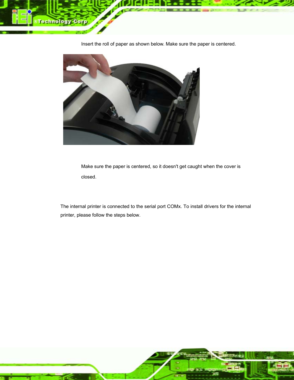 9 thermal printer setup, Hermal, Rinter | Etup, Figure 2-10: install paper roll | IEI Integration EP-308A v1.12 User Manual | Page 28 / 102