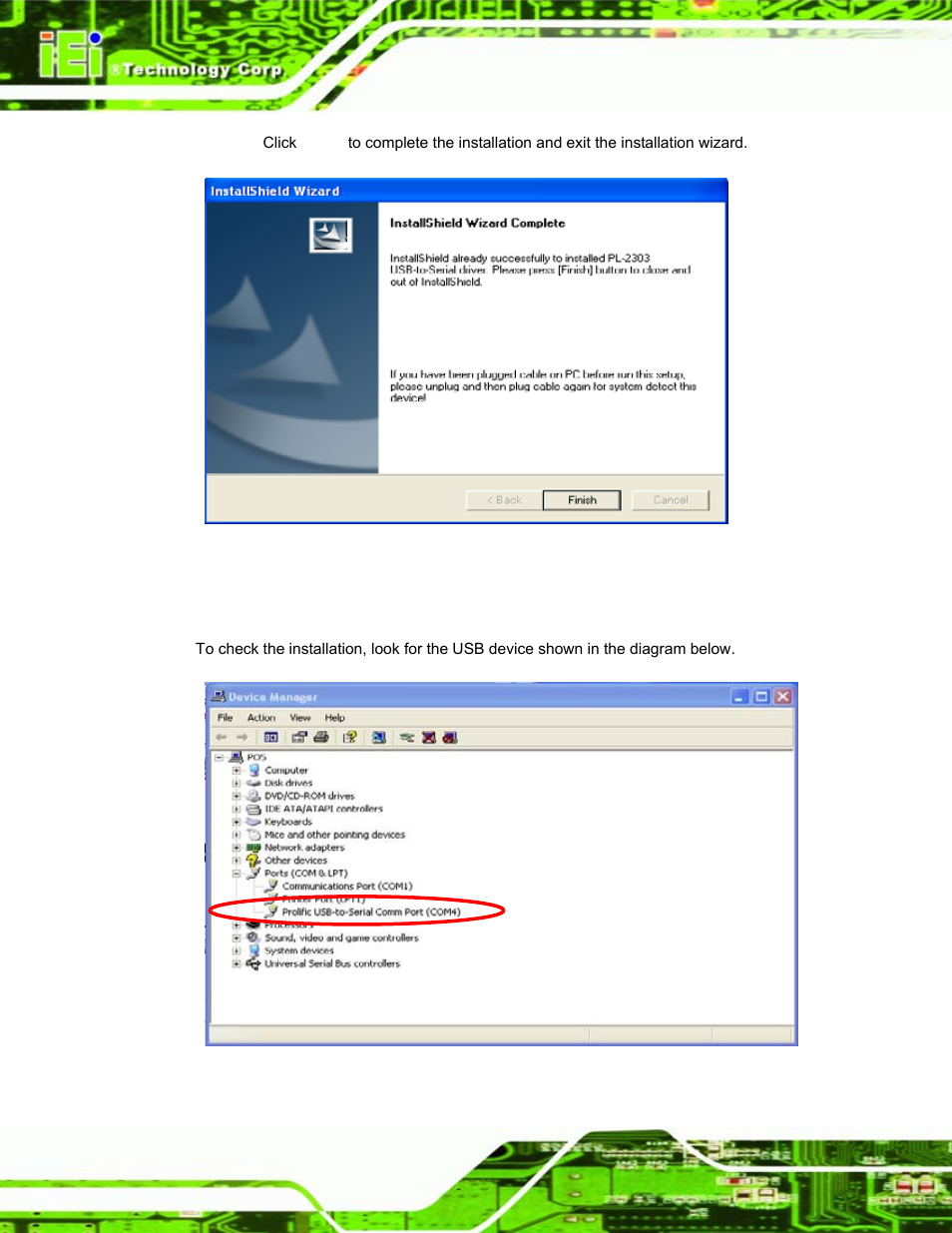 2 checking installation, Figure 2–13: installation complete, Figure 2–14: usb–serial printer driver | IEI Integration EP-308A v1.12 User Manual | Page 30 / 102
