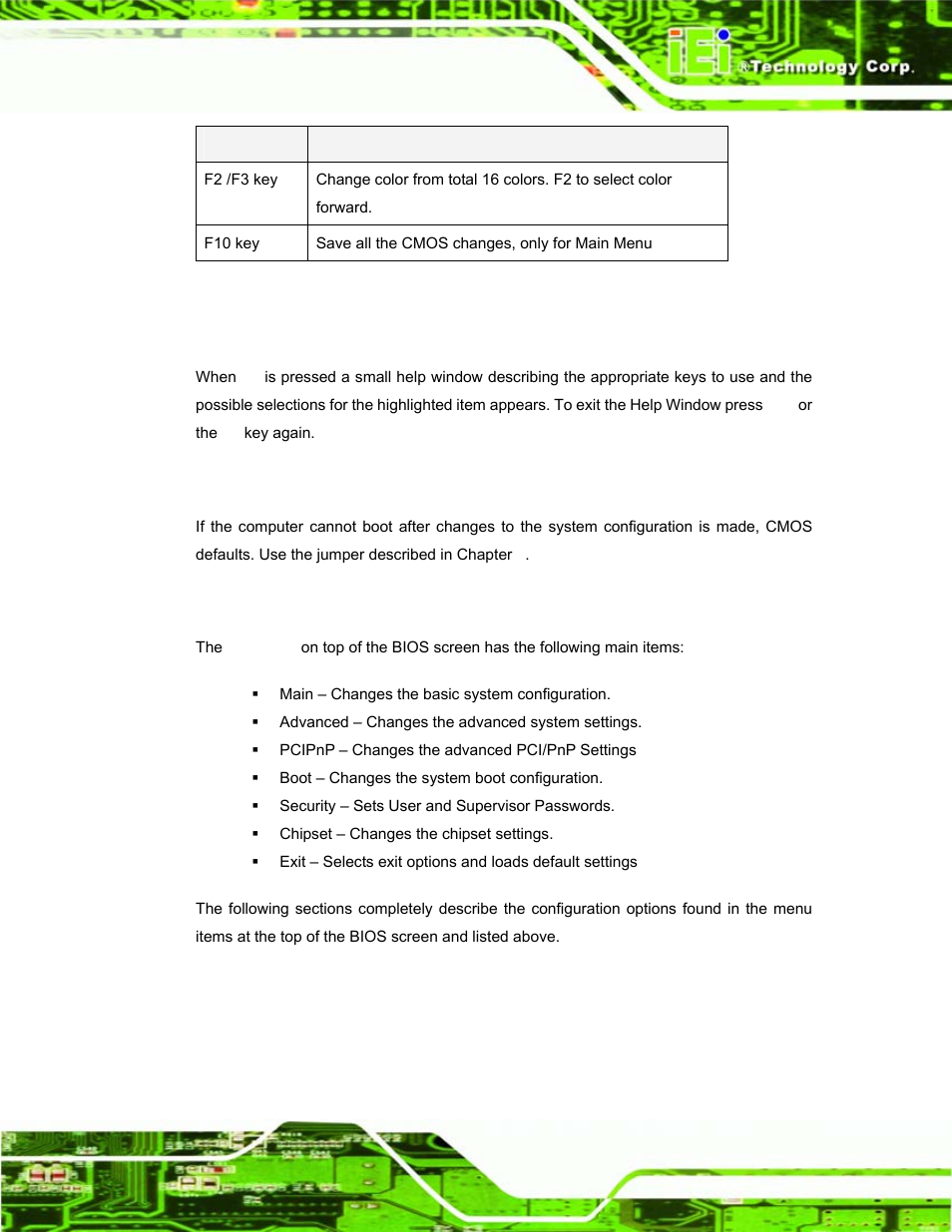 3 getting help, 4 unable to reboot after configuration changes, 5 bios menu bar | Table 3-1: bios navigation keys | IEI Integration EP-308A v1.12 User Manual | Page 39 / 102