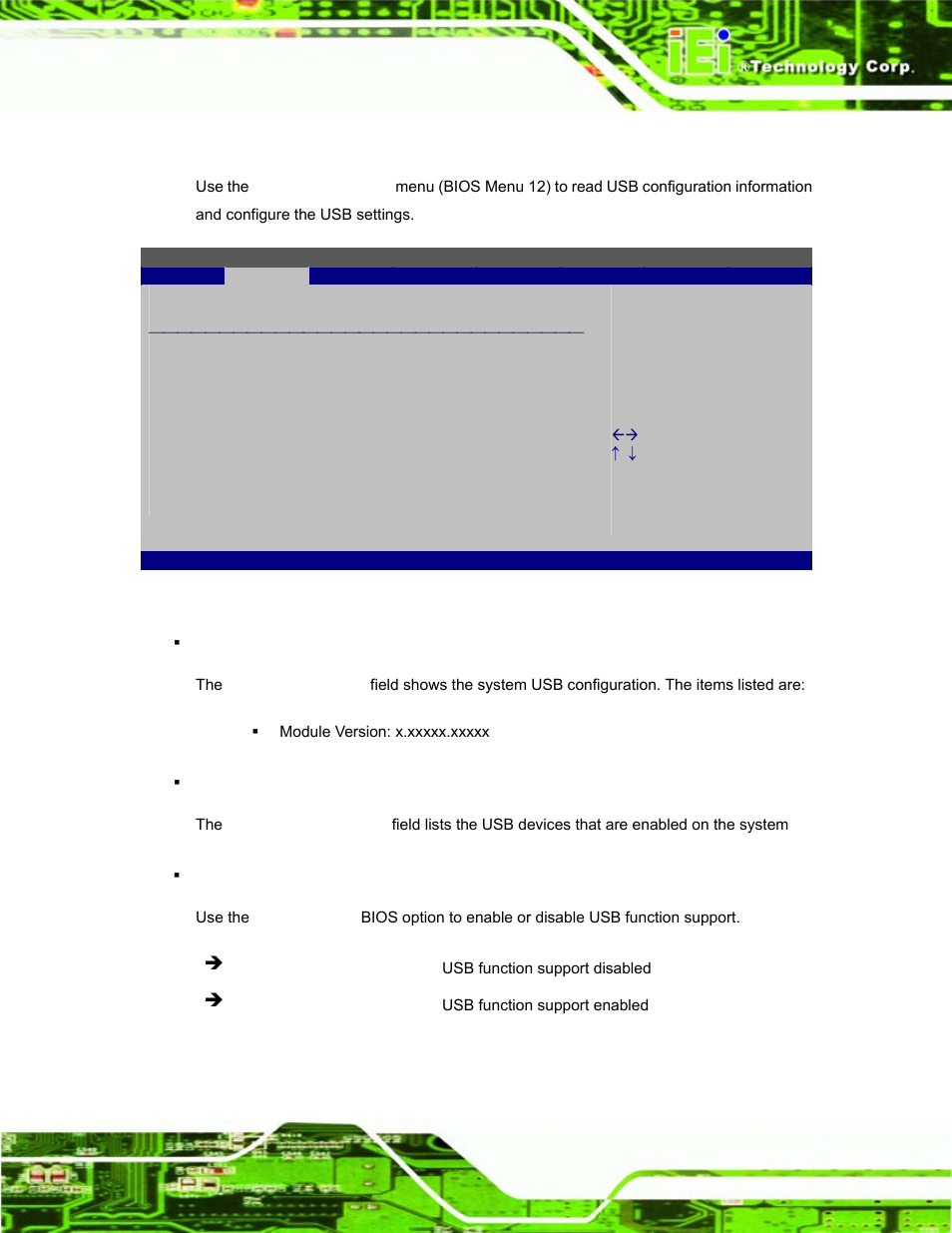 7 usb configuration, Bios menu 12: usb configuration | IEI Integration EP-308A v1.12 User Manual | Page 61 / 102