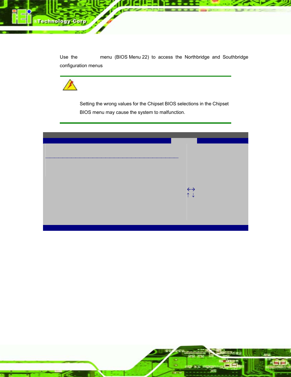 7 chipset, Hipset, Bios menu 22: chipset | IEI Integration EP-308A v1.12 User Manual | Page 74 / 102