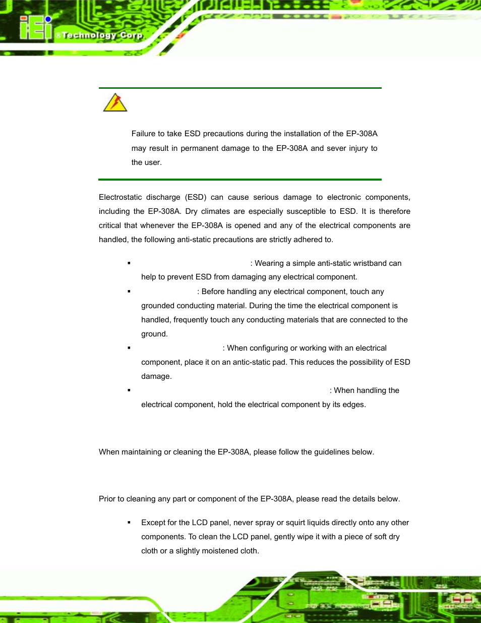 A.1.2 anti-static precautions, A.2 maintenance and cleaning precautions, A.2.1 maintenance and cleaning | Aintenance and, Leaning, Recautions | IEI Integration EP-308A v1.12 User Manual | Page 86 / 102
