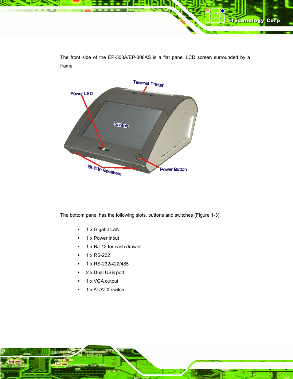 3 front panel, 4 connectors, Ront | Anel, Onnectors, Figure 1-2: front panel | IEI Integration EP-308A v1.15 User Manual | Page 13 / 115