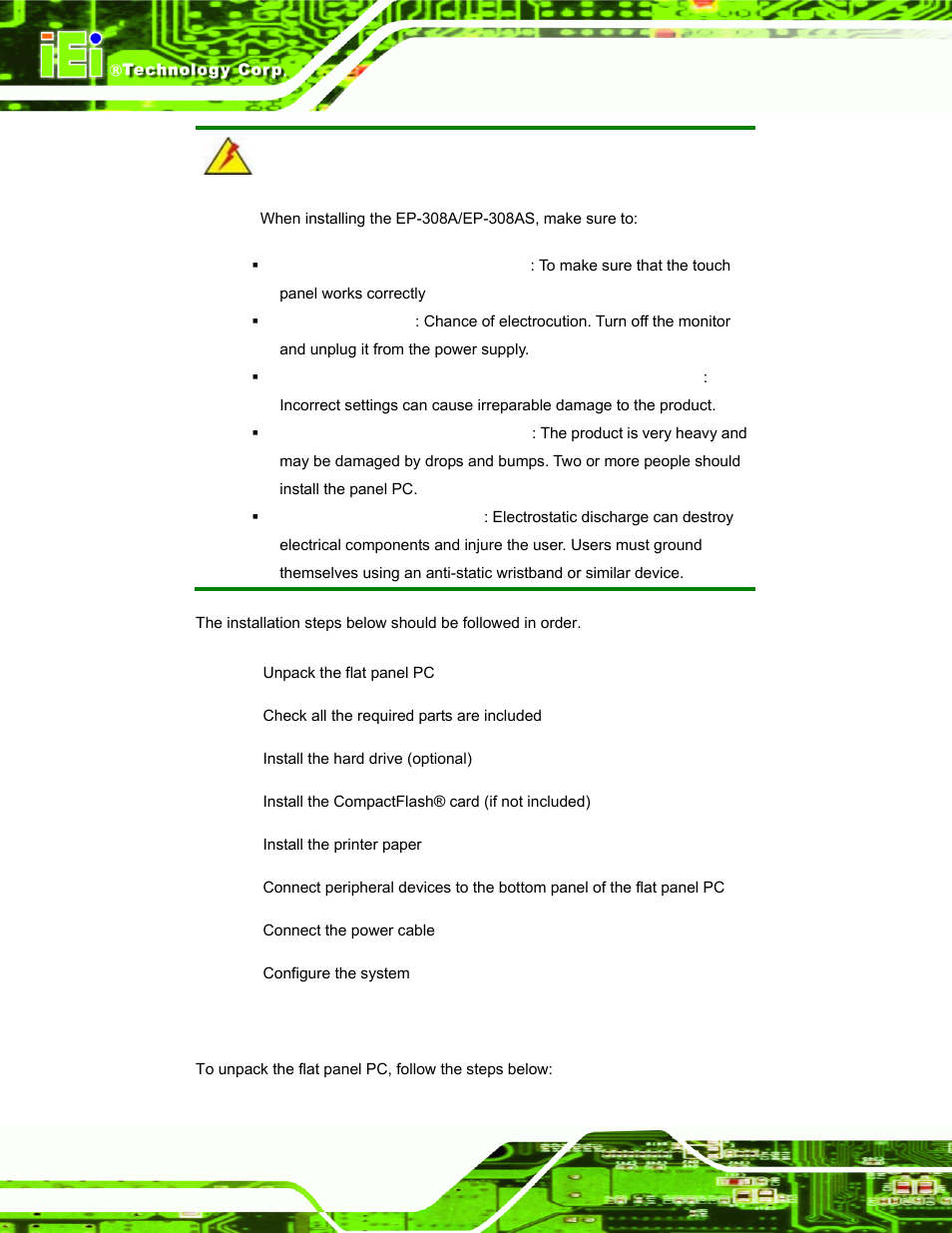 1 unpack the panel pc, Npack the, Anel | IEI Integration EP-308A v1.15 User Manual | Page 18 / 115