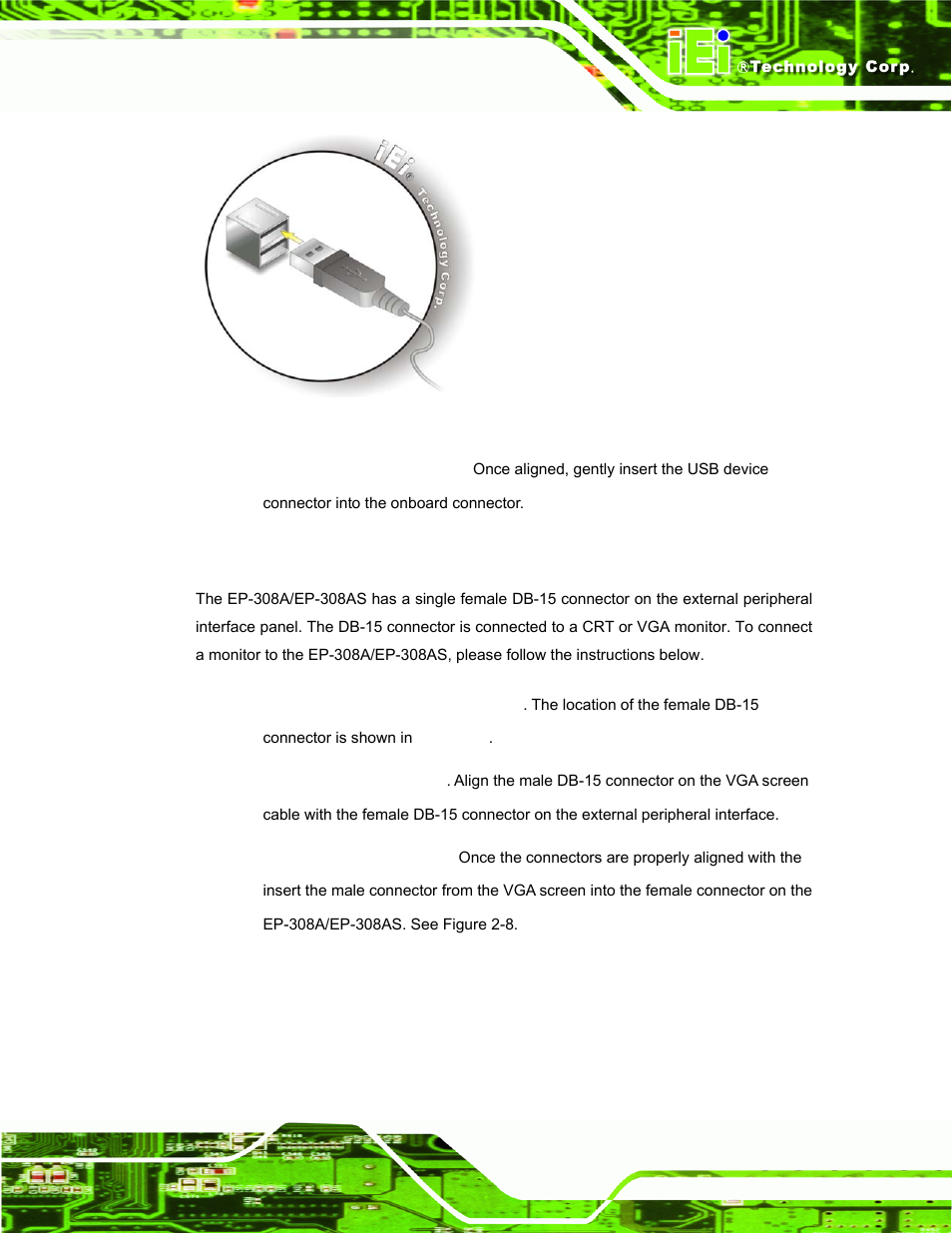 4 vga monitor connection, Figure 2-7: usb device connection | IEI Integration EP-308A v1.15 User Manual | Page 25 / 115