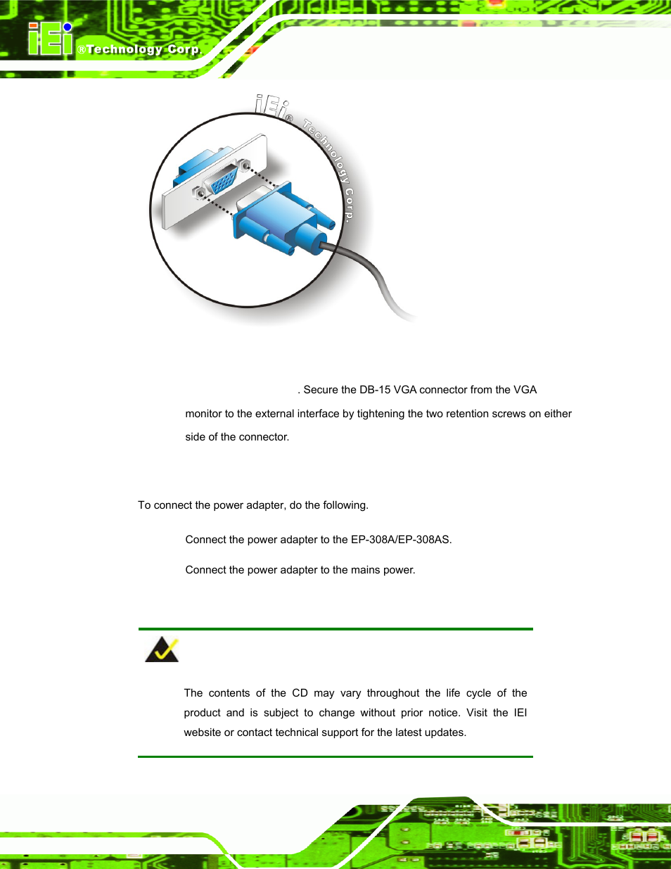 6 power connection, 7 driver installation, Ower | Onnection, River, Nstallation, Figure 2-8: vga connector | IEI Integration EP-308A v1.15 User Manual | Page 26 / 115