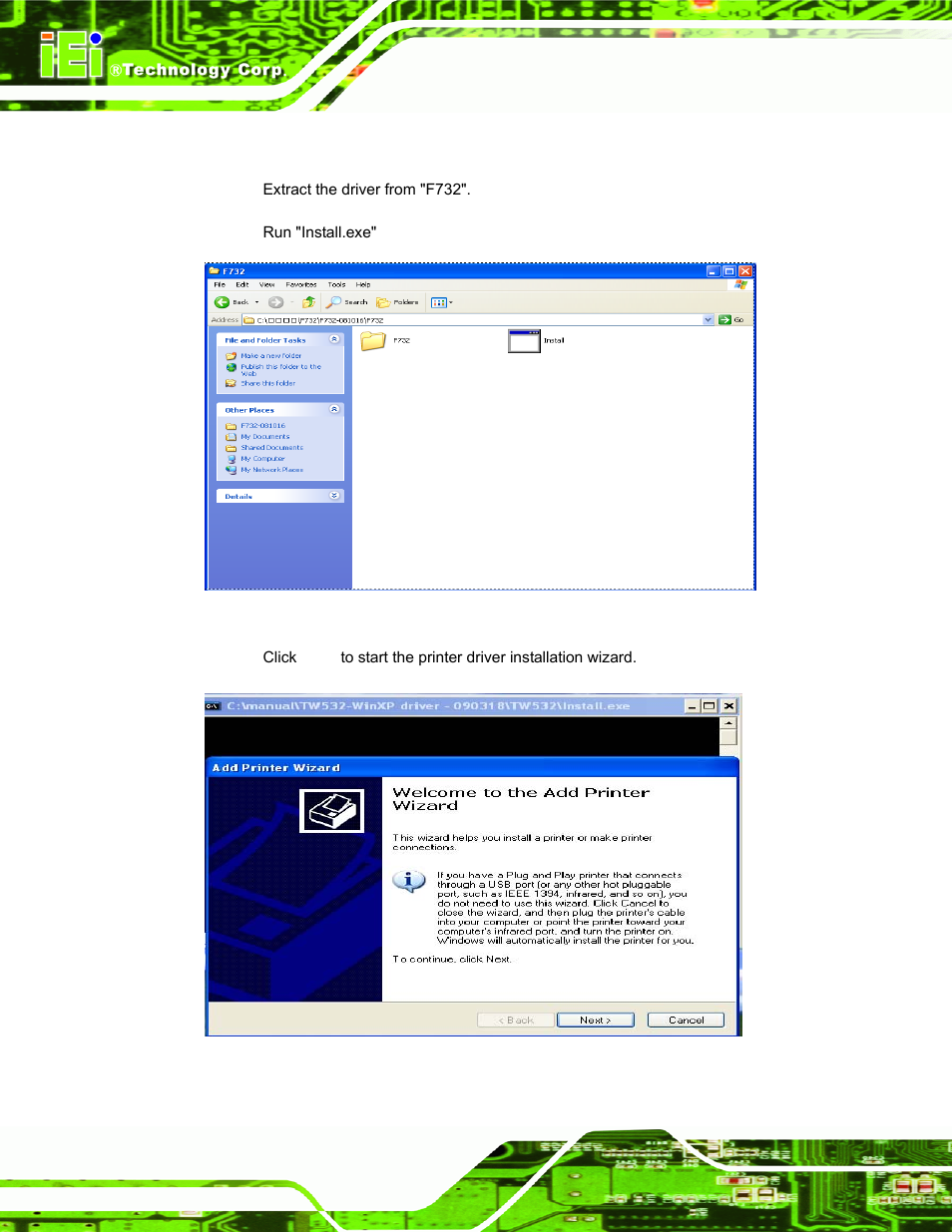 3 install the printer driver, Figure 2-21: printer installation file, Figure 2-22: printer driver installation wizard | IEI Integration EP-308A v1.15 User Manual | Page 34 / 115