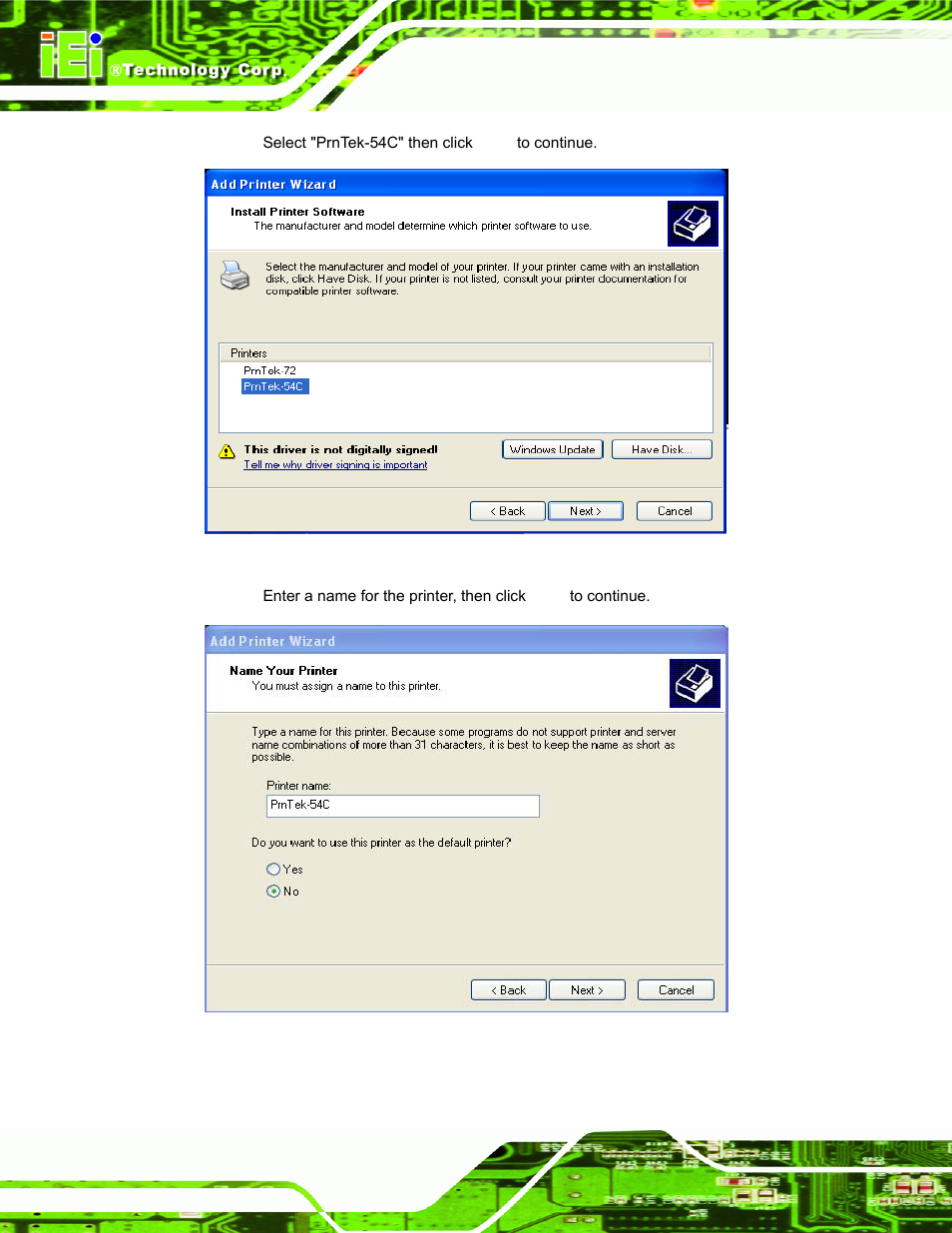 Figure 2-25: install printer software, Figure 2-26: choose printer name | IEI Integration EP-308A v1.15 User Manual | Page 36 / 115