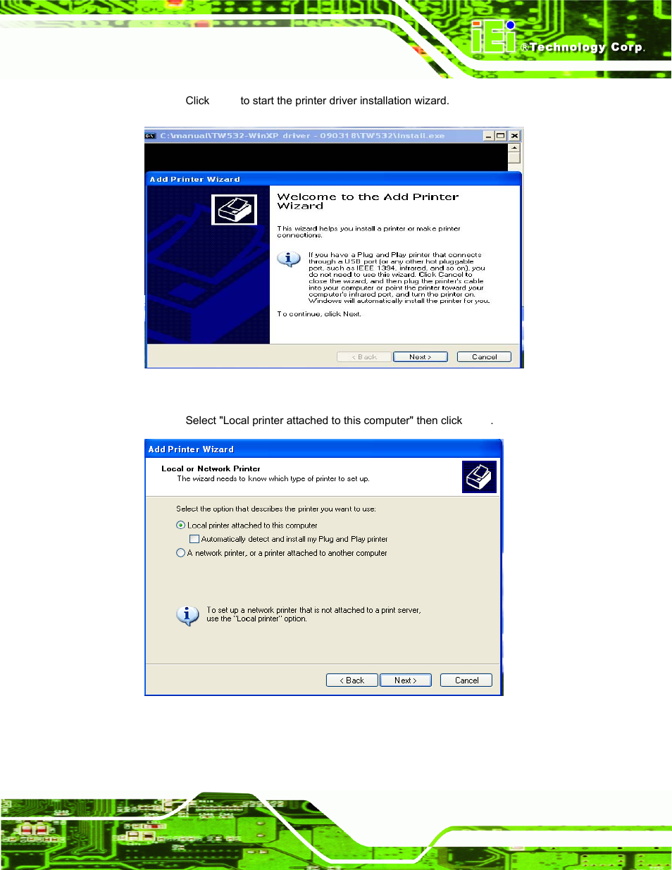 Figure 2-33: printer driver installation wizard, Figure 2-34: select local printer | IEI Integration EP-308A v1.15 User Manual | Page 41 / 115
