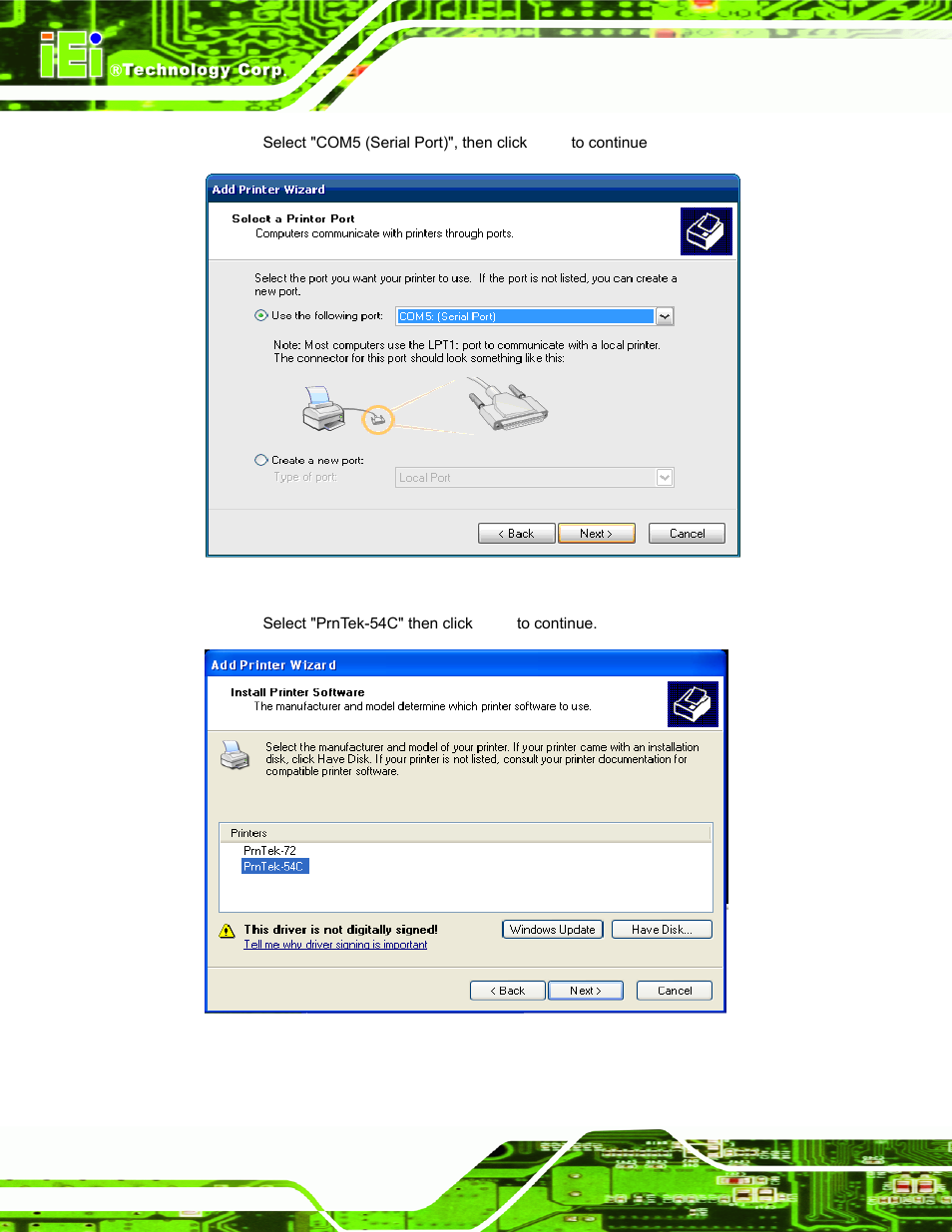 Figure 2-35: select serial port, Figure 2-36: install printer software | IEI Integration EP-308A v1.15 User Manual | Page 42 / 115