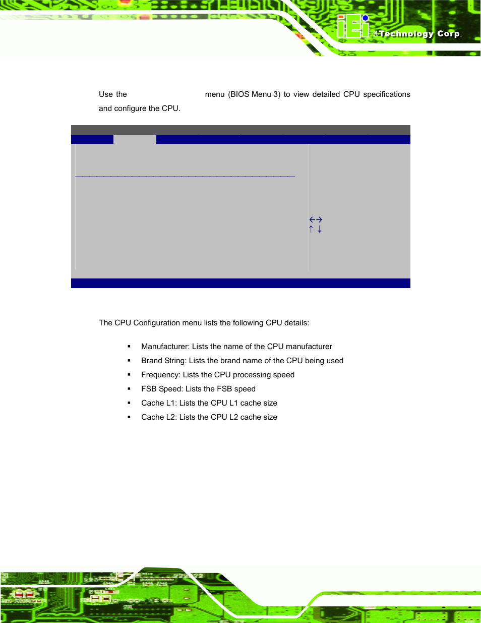 1 cpu configuration, Bios menu 3: cpu configuration | IEI Integration EP-308A v1.15 User Manual | Page 55 / 115