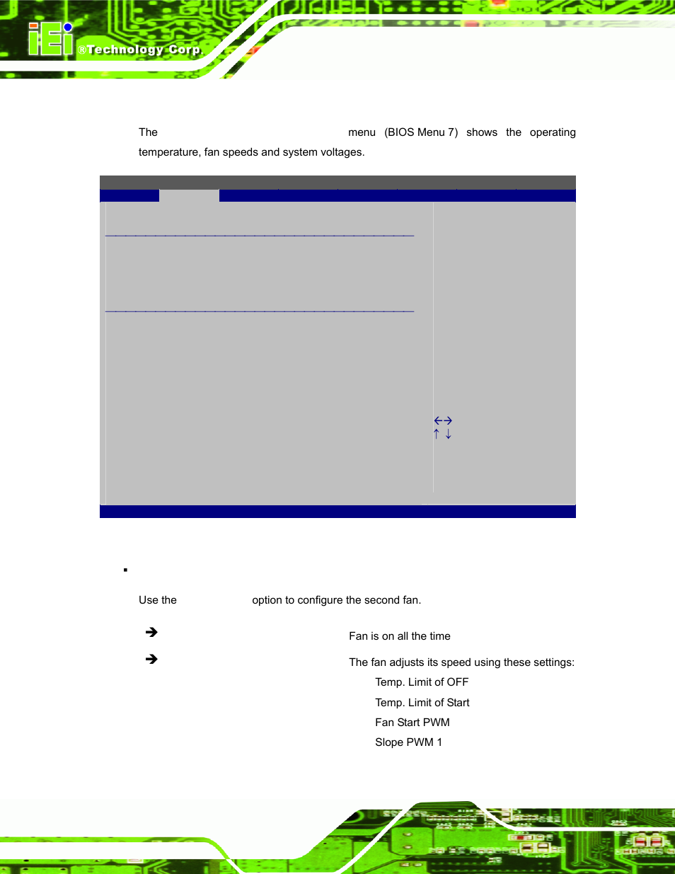 4 hardware health configuration, Bios menu 7: hardware health configuration | IEI Integration EP-308A v1.15 User Manual | Page 64 / 115