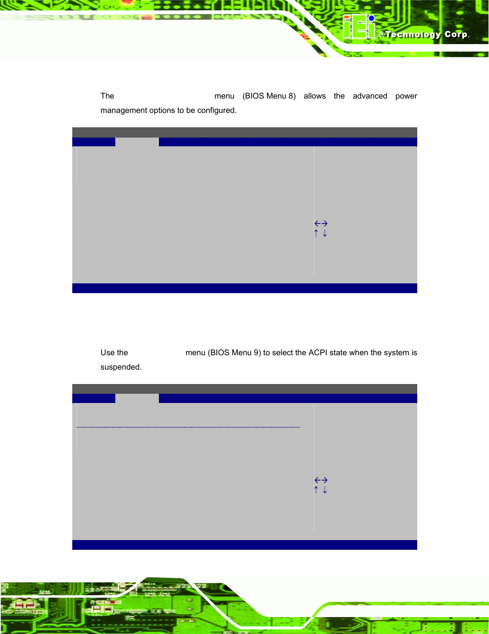 5 power configuration, 1 acpi settings, Bios menu 8: apm configuration | Bios menu 9: acpi settings | IEI Integration EP-308A v1.15 User Manual | Page 67 / 115