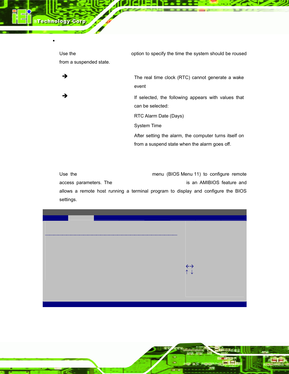 6 remote access configuration, Bios menu 11: remote access configuration | IEI Integration EP-308A v1.15 User Manual | Page 70 / 115