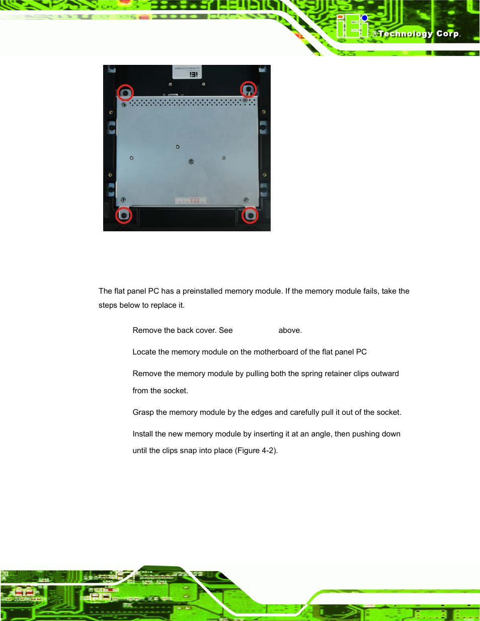 4 memory module replacement, Emory, Odule | Eplacement, Figure 4-1: bottom cover retention screws | IEI Integration EP-308A v1.15 User Manual | Page 95 / 115